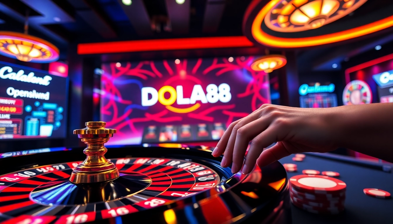 DOLA88 online casino scene with vibrant roulette and poker chips, showcasing excitement and luxury.