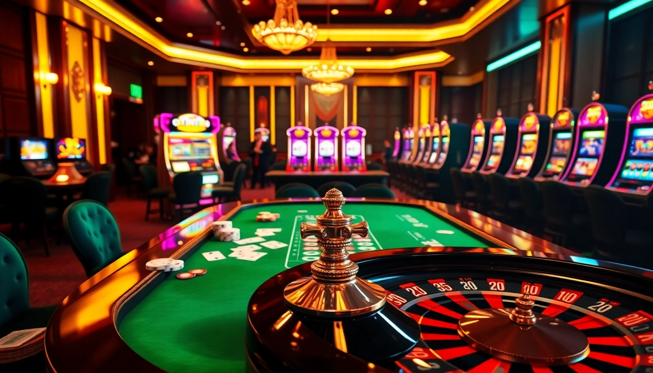 Win88 players enjoying a thrilling casino environment with poker games and slot machines.