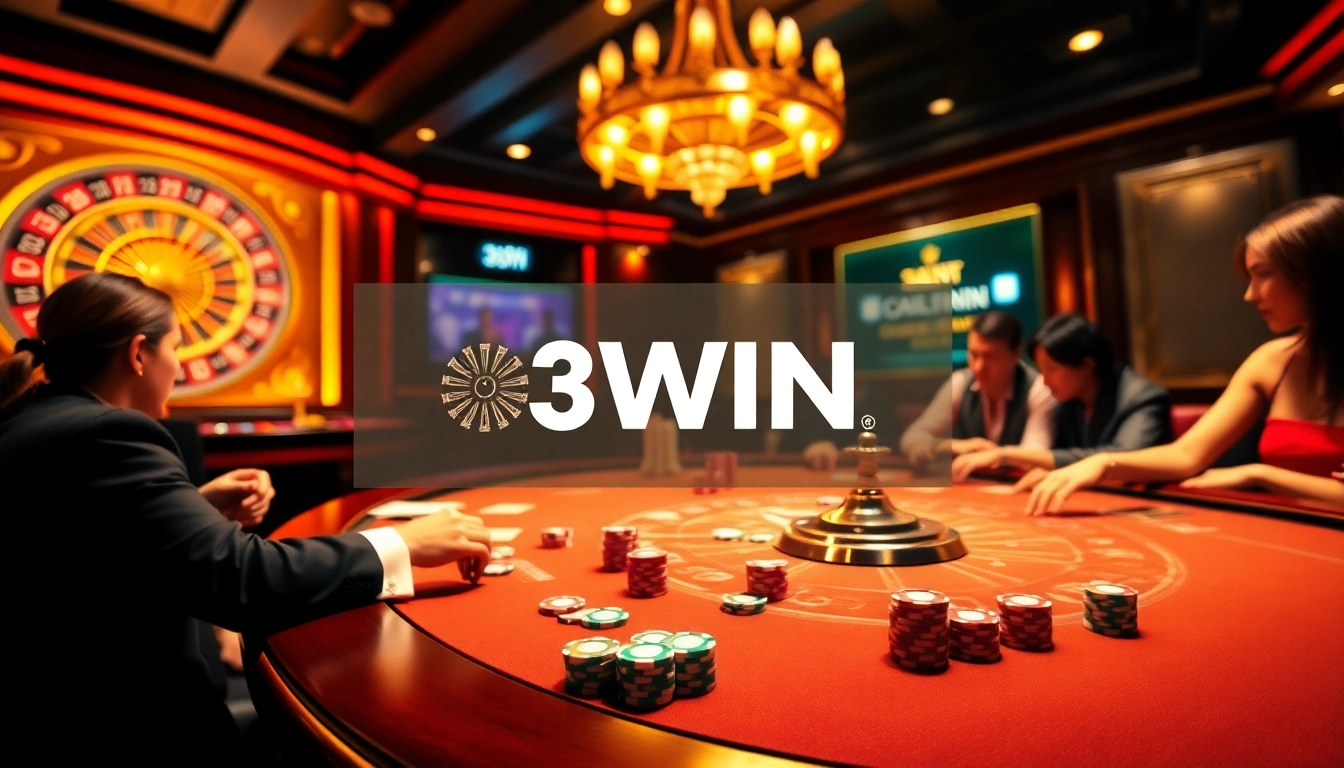 Players engaging in an exciting casino game at a table with 3WIN branding, vibrant chips, and cards.