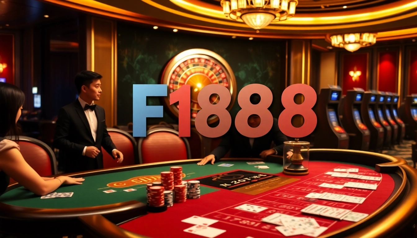 Experience high-stake action with F168 at an upscale casino featuring poker tables and roulette wheels.
