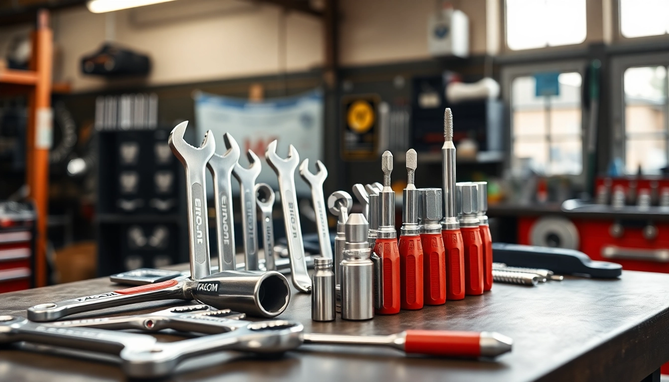 Hochwertige Facom Werkzeuge auf einer Werkbank angeordnet, die Präzisionswerkzeuge präsentieren.