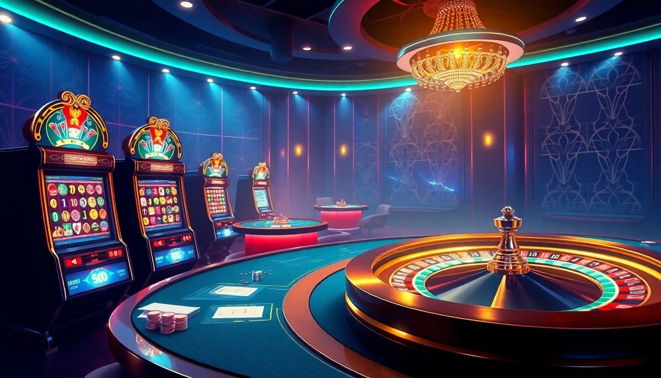 Nohu90 online casino with elegant slot machines, poker tables, and exciting gaming atmosphere.