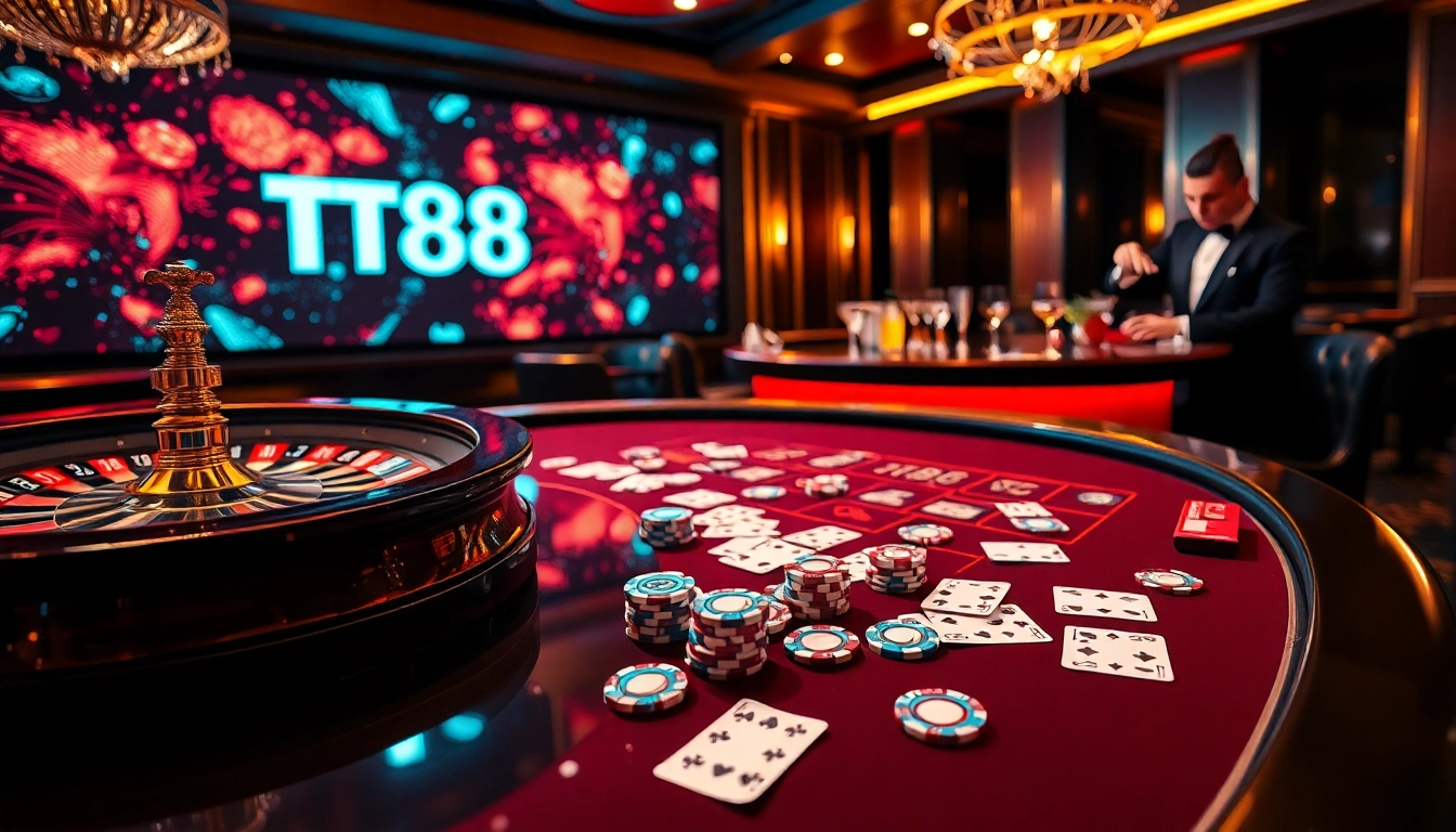 Play poker at TT88 casino with vibrant chips and a roulette wheel.