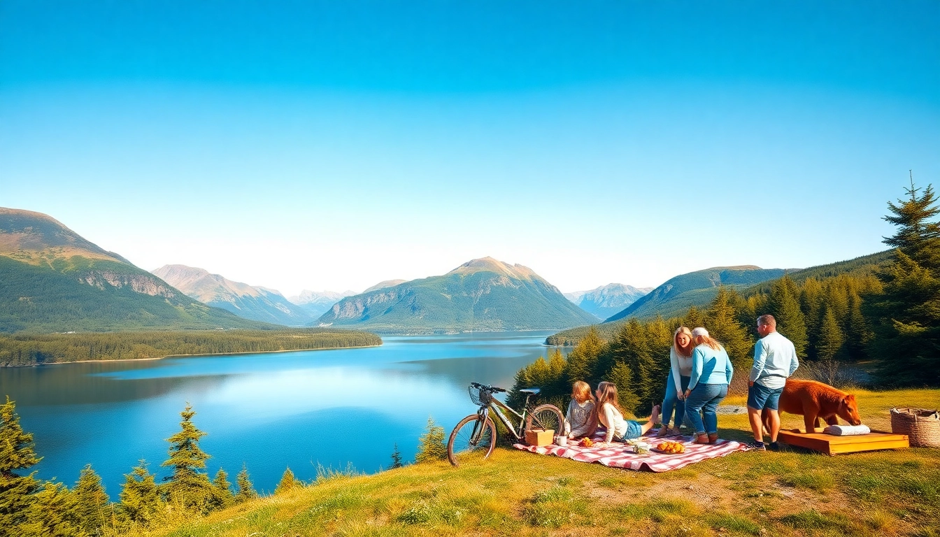 Urlaub in Skandinavien: Eine Familie genießt die Natur in der Nähe eines ruhigen Fjords beim Radfahren und Picknicken.