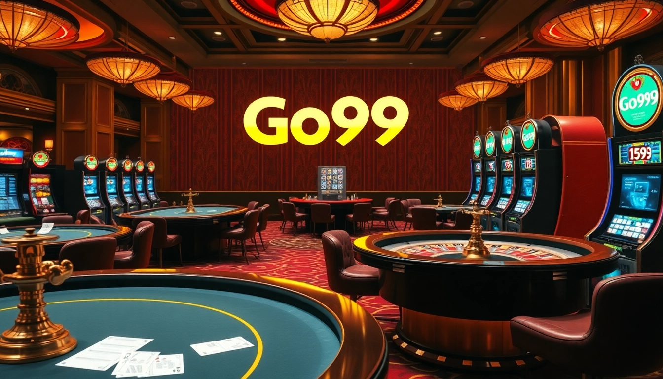 Go99 players winning big at a vibrant casino with luxury gaming tables.