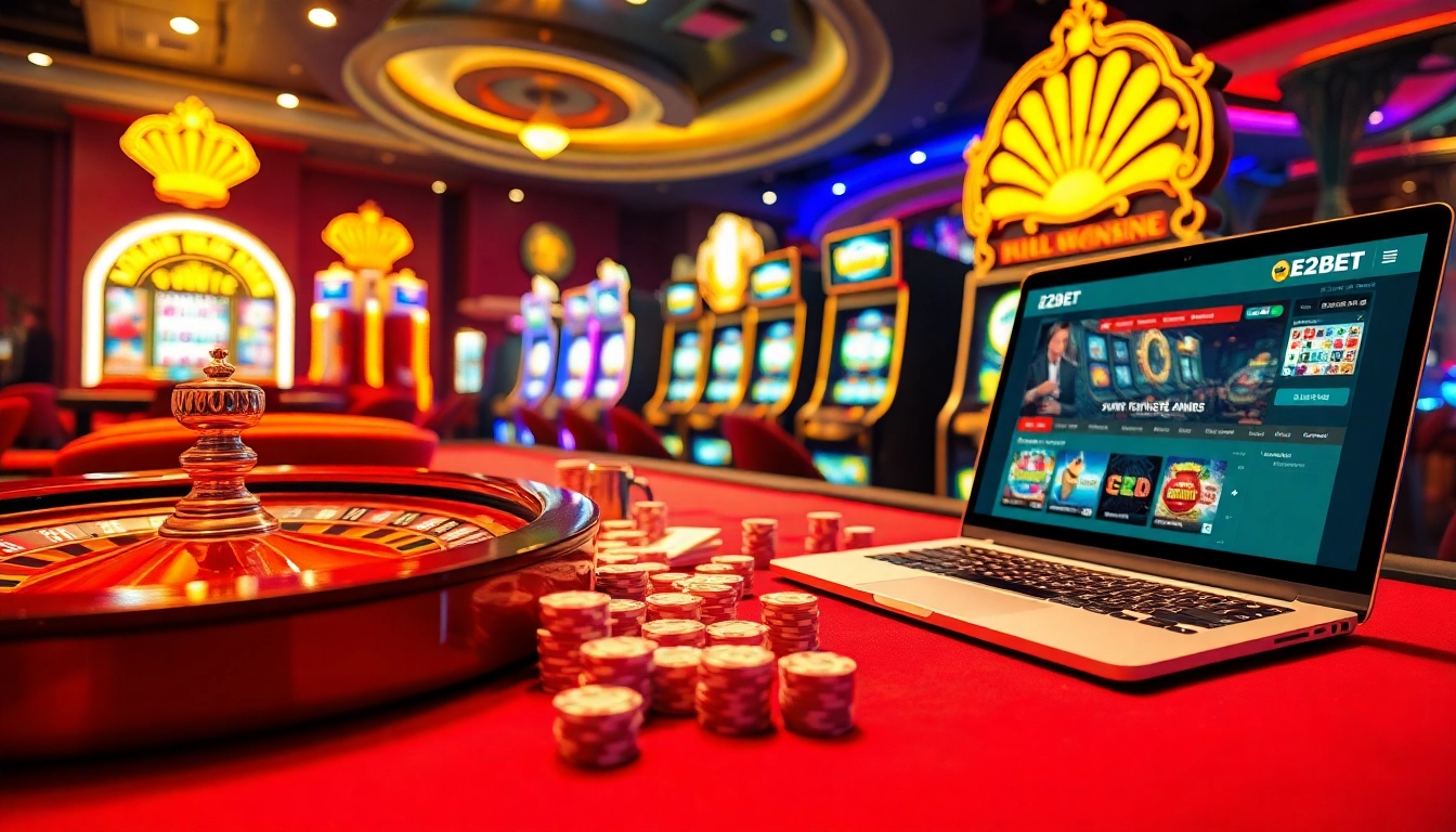Experience thrill at E2BET with vibrant casino visuals including roulette, cards, and immersive online gameplay.