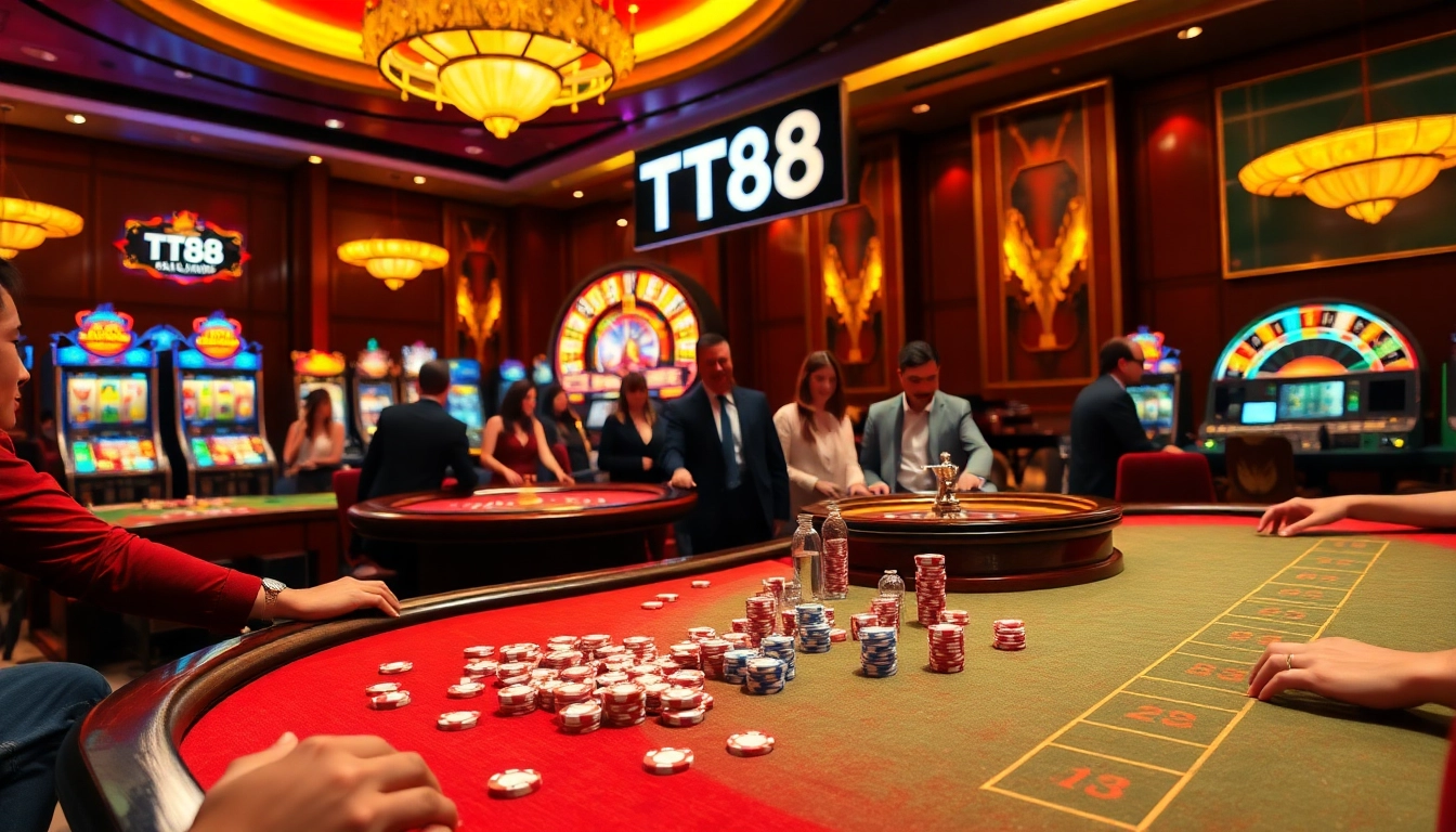 Experience the thrill of winning at TT88 with vibrant gambling elements like poker chips and roulette.