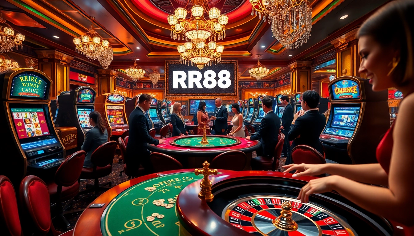 Experience the thrill of gambling at RR88's luxurious casino, showcasing vibrant games and excited players.