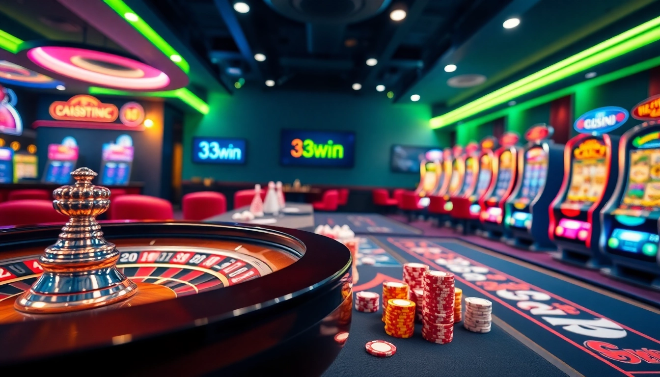 Players enjoy diverse gaming experiences at 33win's vibrant online casino, showcasing roulette and poker.