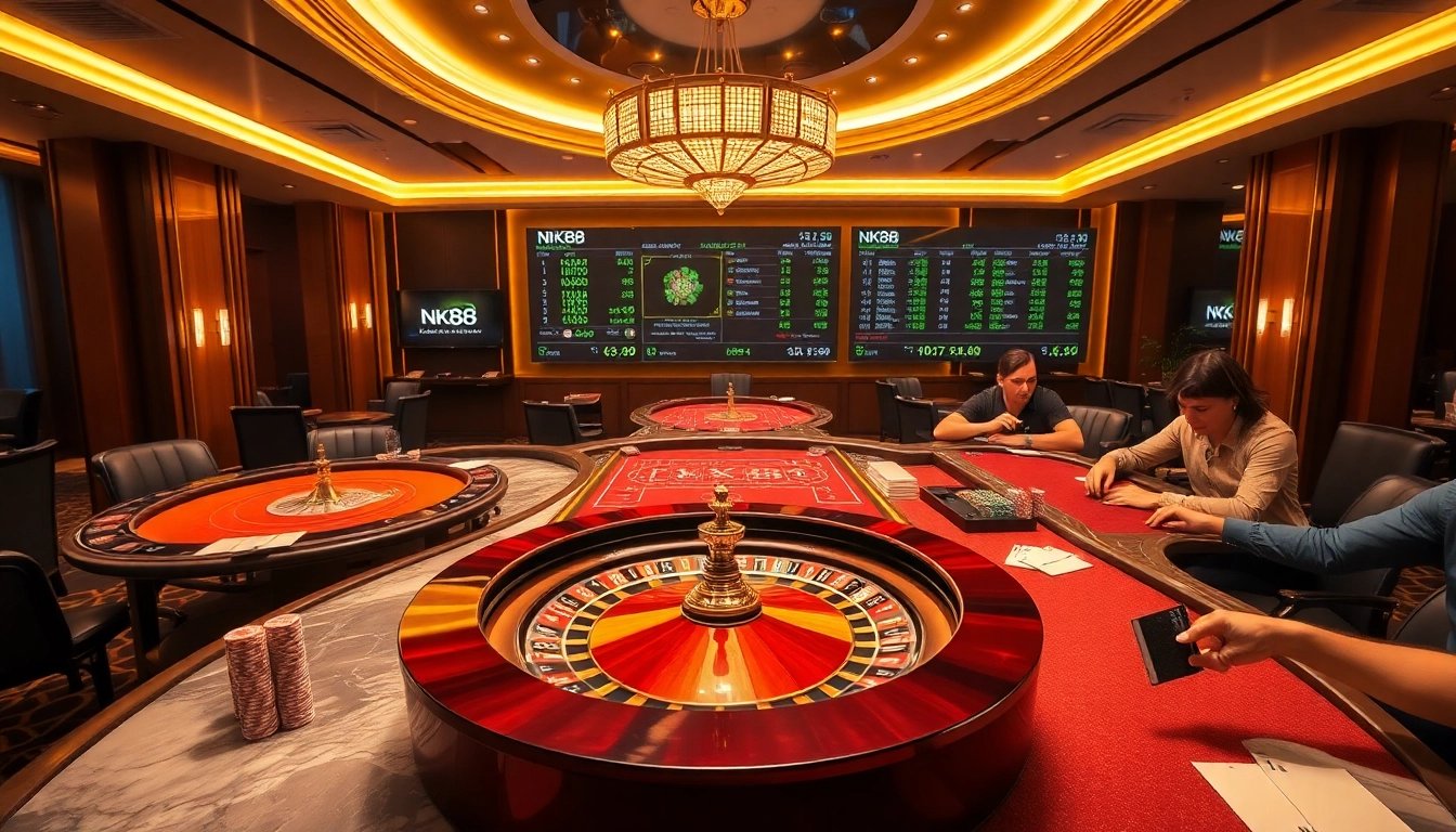 Experience the thrill of NK88 with elegant casino tables and vibrant poker chips.