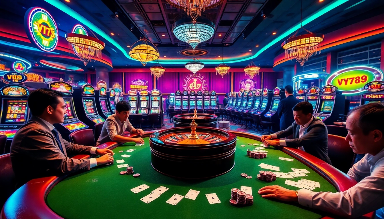 Intense poker action at VN789 casino table with colorful chips and cards.