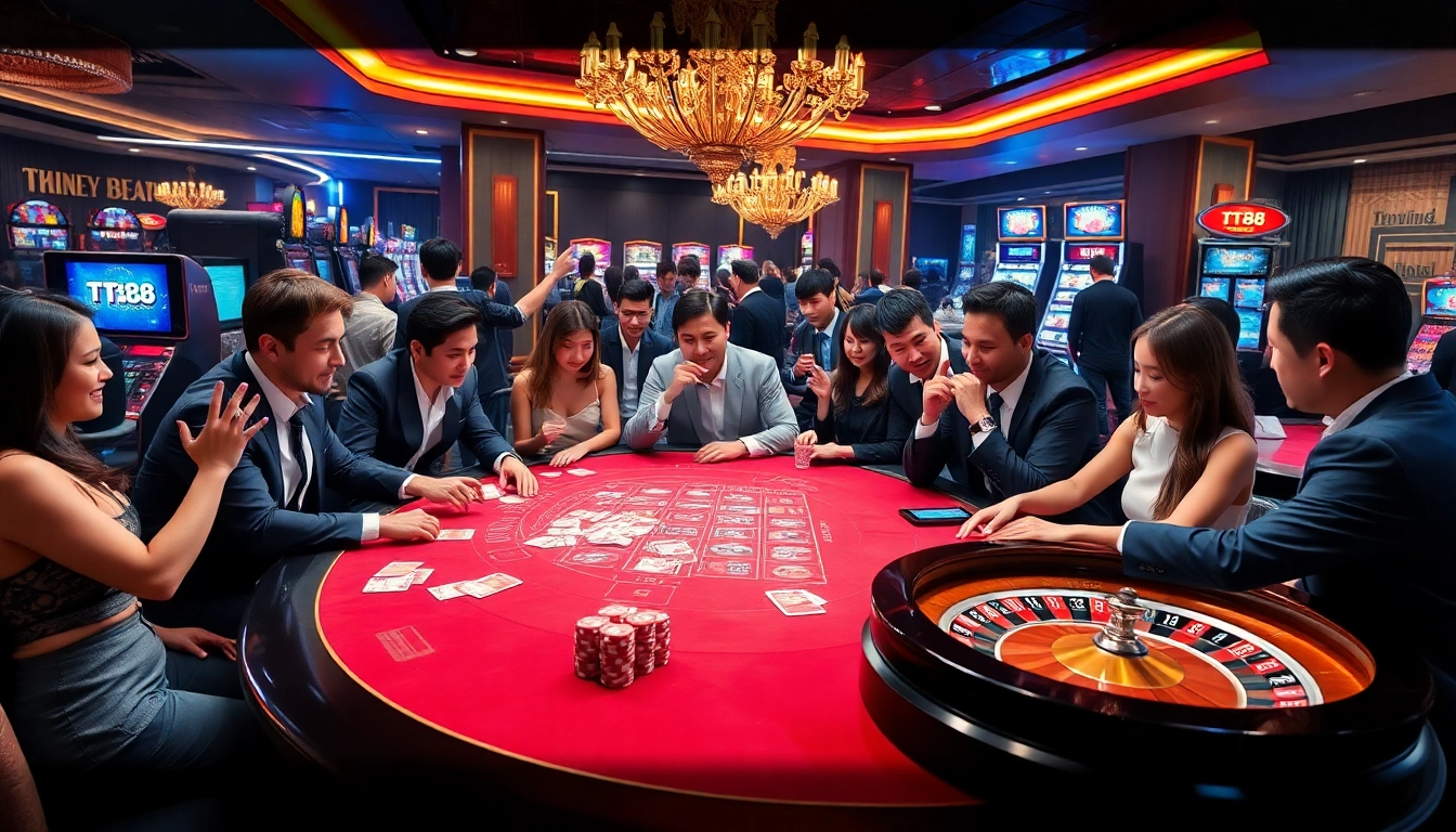 TT88 casino scene featuring excited players at vibrant gaming tables with cards and chips.