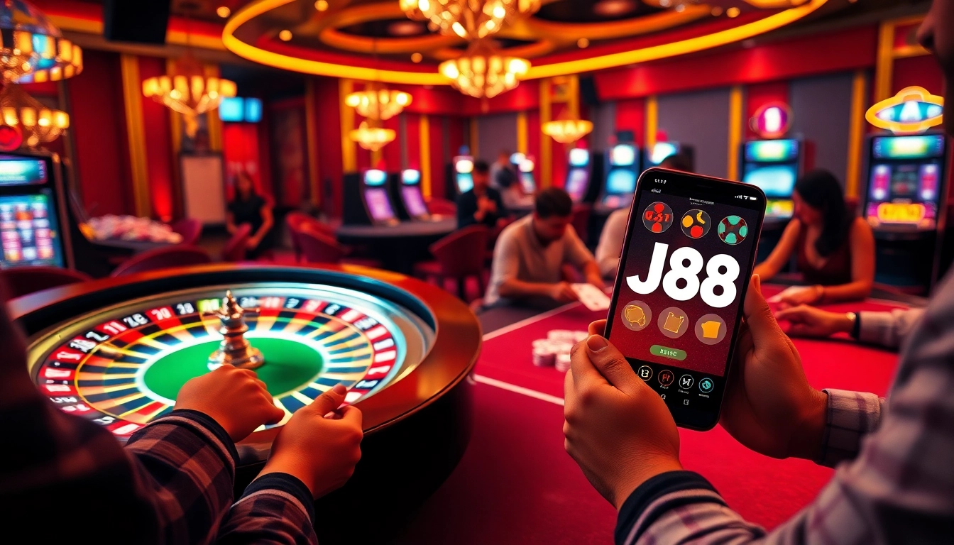 Experience the excitement of the j88 app at a luxurious casino table with cards and chips.