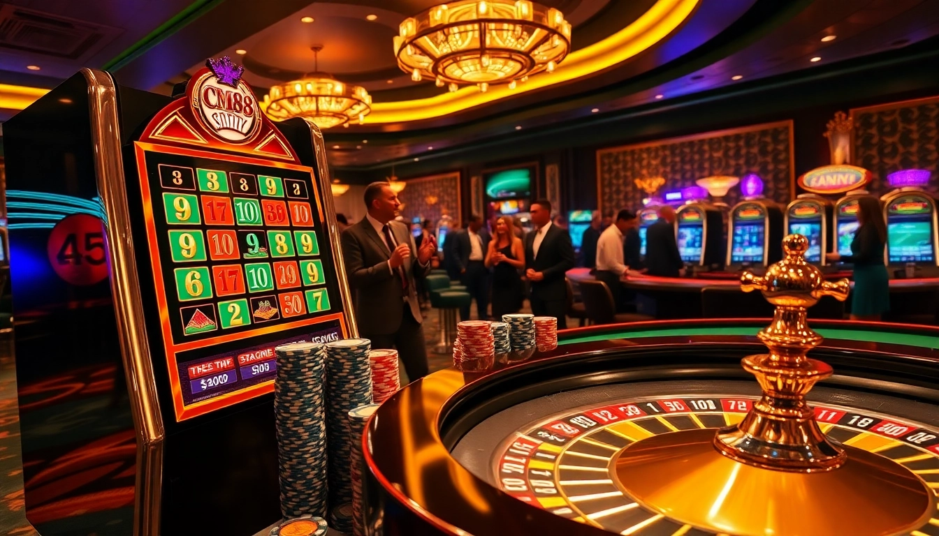 Experience the thrill of gambling with CM88 in a vibrant casino scene featuring slot machines and poker chips.