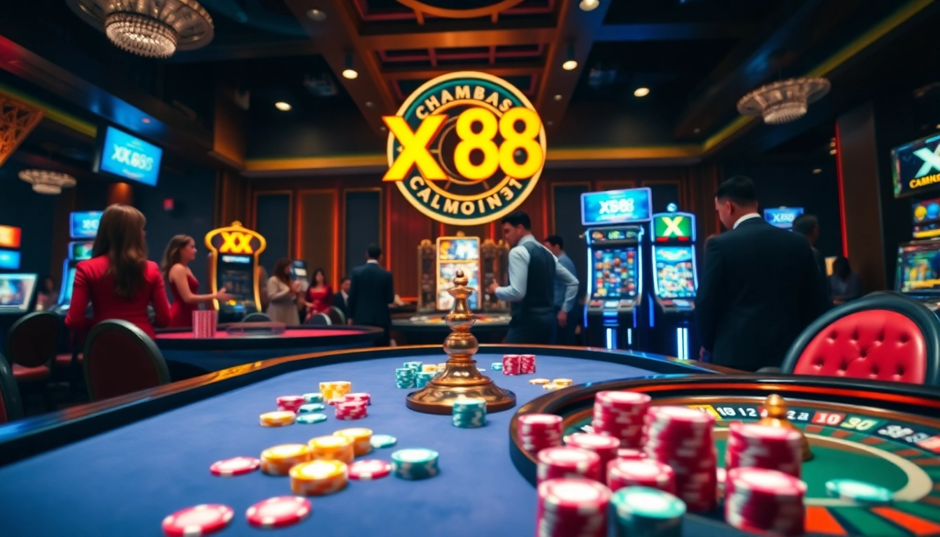 Experience thrilling gameplay with XX 88 at a vibrant casino table, engaging gamblers and luxurious decor.