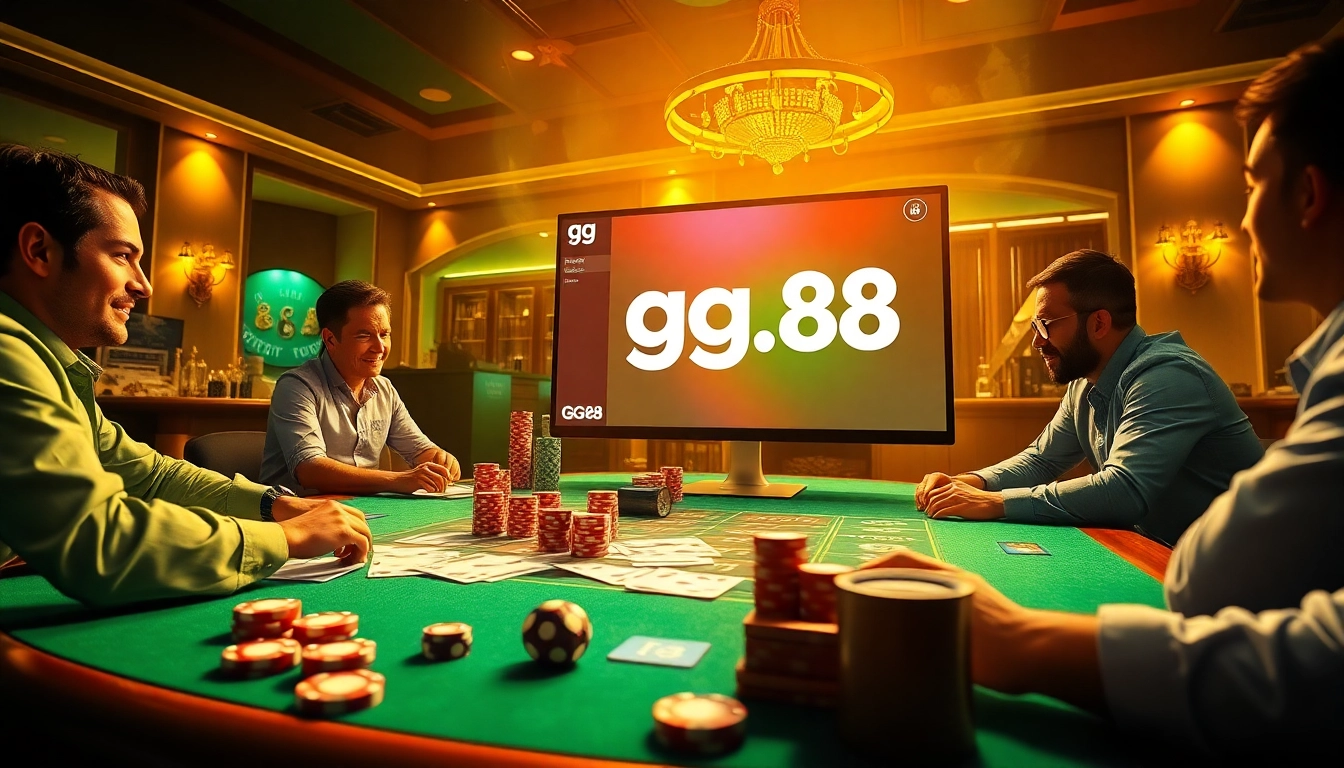 Experience the excitement of gambling at gg.88 with vibrant casino elements like cards and chips.