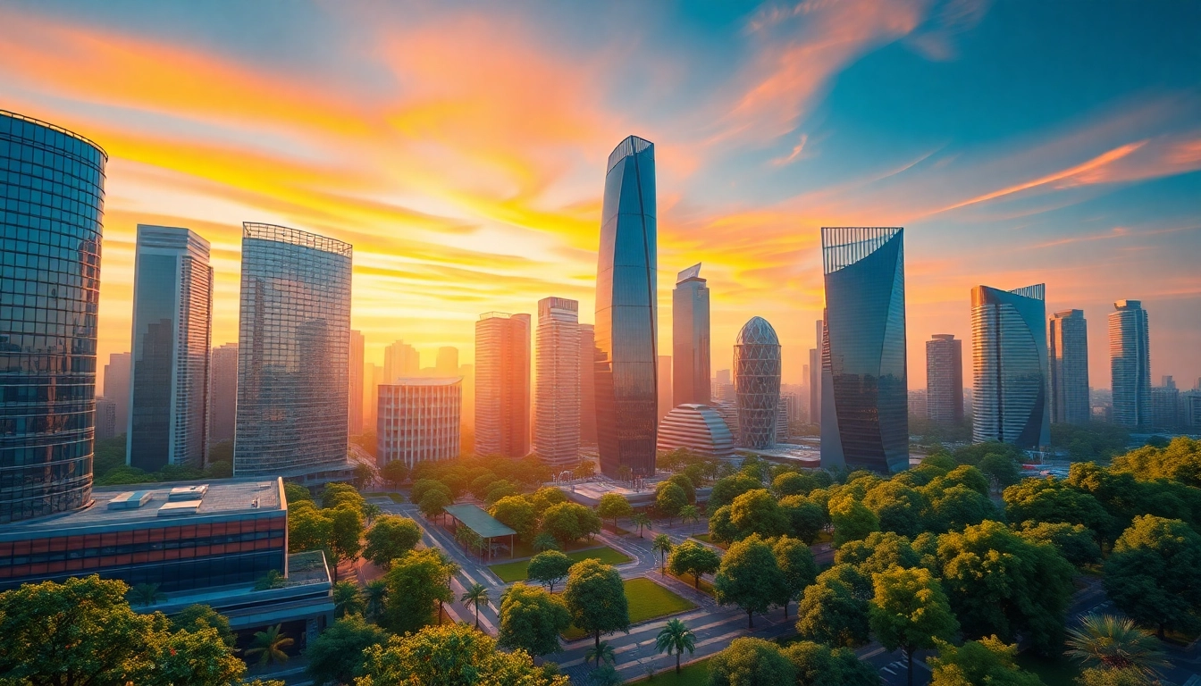 Erstellen Sie eine 3d visualisierung einer futuristischen Stadtlandschaft bei Sonnenuntergang.