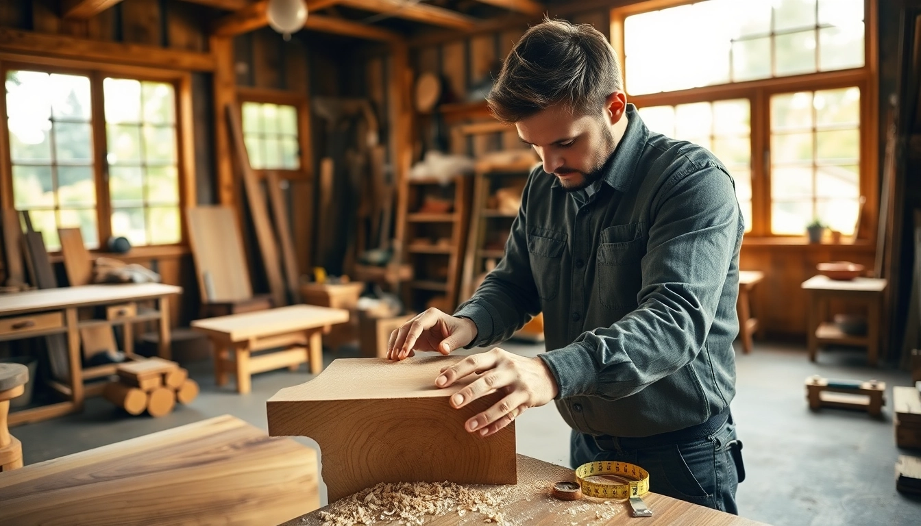 Carpenter shaping wood in a cozy workshop, highlighting craftsmanship and artistry.