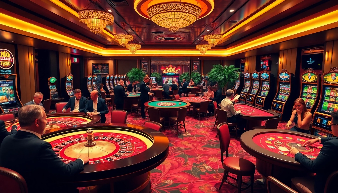 Exciting MMOO casino scene featuring vibrant roulette, poker, and slot machines.