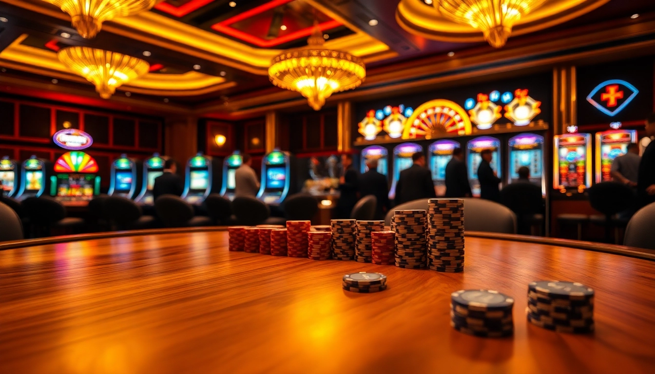 C168 players enjoying a thrilling game at a luxurious poker table in a vibrant casino.