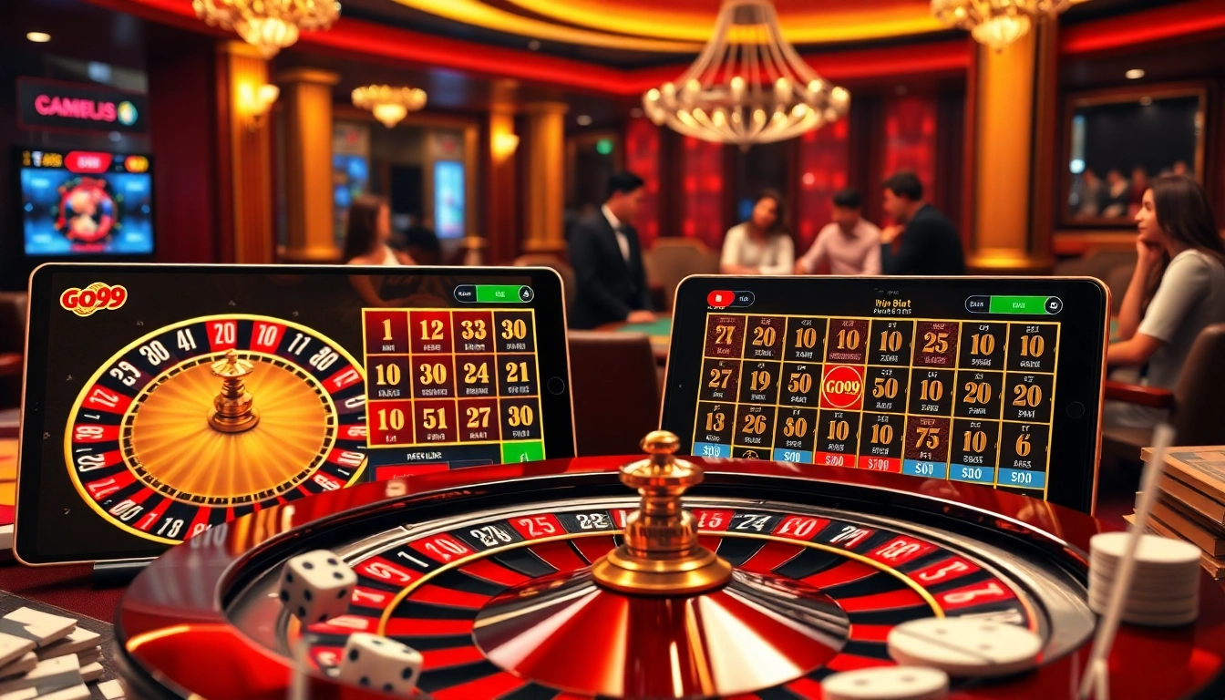 Experience excitement at GO99 with vibrant online casino visuals, showcasing slot games and poker action.