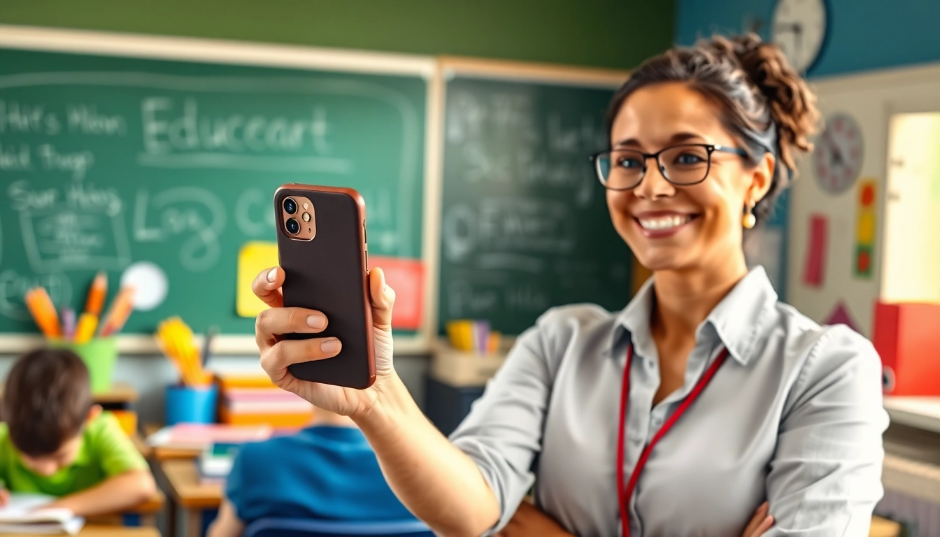 Handytasche Lehrer in einer coolen Schulumgebung für kreative Lehrer.