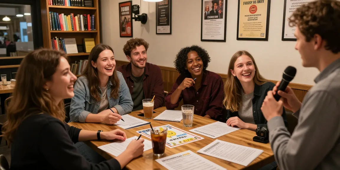 Quiz Allgemeinwissen Nacht in einem Café mit Freunden, die Fragen beantworten.