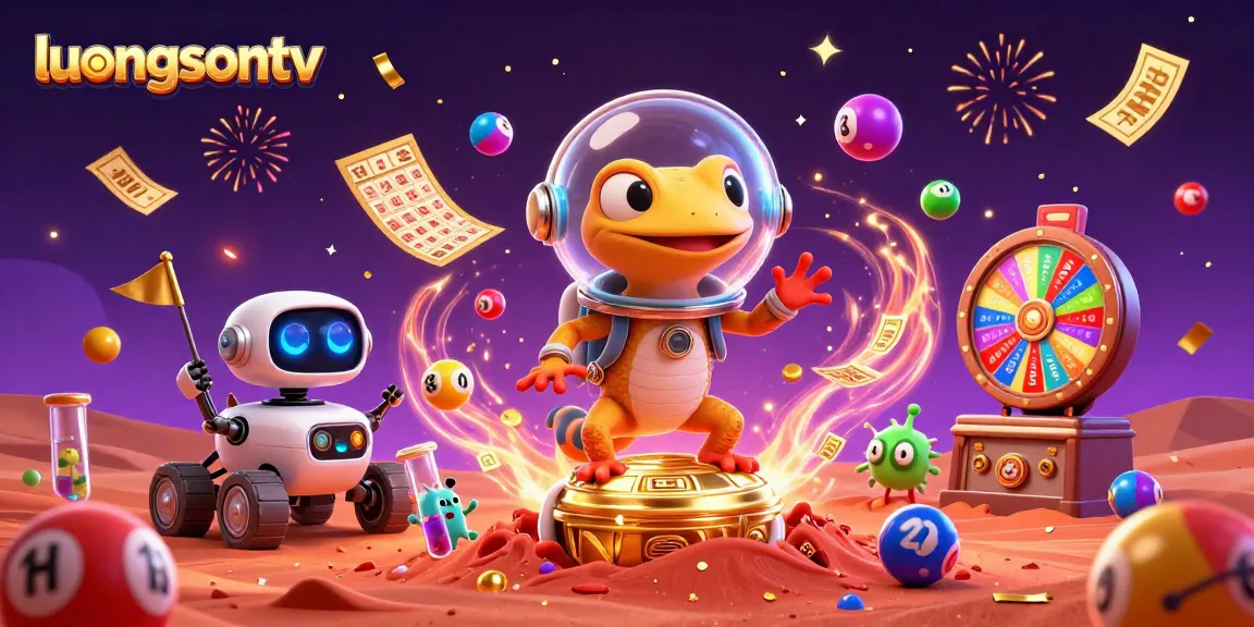 Experience luongsontv's vibrant gambling scene with lottery balls and a Martian gecko exploring a golden casino.