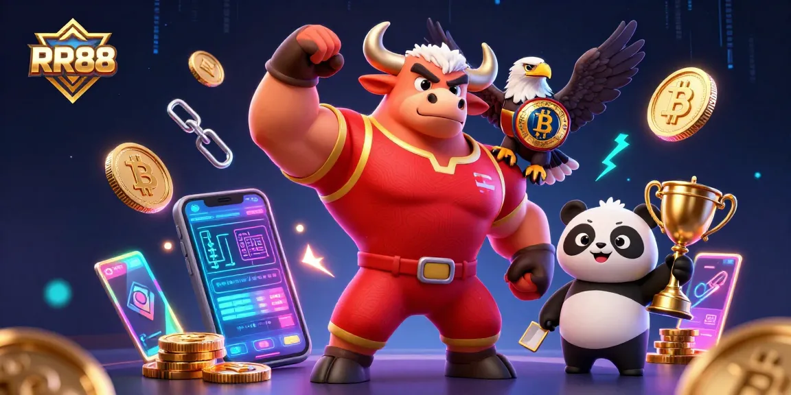 Join the RR88 excitement with a dynamic casino scene featuring a muscular bull mascot and a champion eagle.